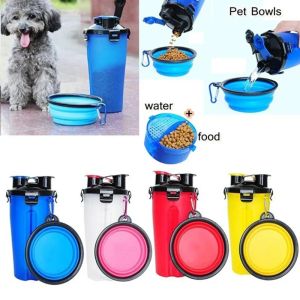 Feeding 7 Colors Portable 2 in 1 Pet Water Bottle Food Container With Folding Silicone Pet Bowl Outdoor Travel Dog Cat Puppy Feeder Cup