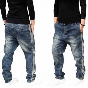 korean Fi Elastic Harem Jeans Side Stripe Men Casual Loose Baggy Drop Crotch Denim Joggers Pants Hip Hop Trousers Clothes j7aa#