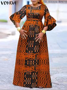 Plus Size Dresses 5XL VONDA Bohemian Long Dress 2024 Women Summer Printed Maxi Sundress Casual Loose Belted 3/4 Flare Sleeve Party Robe