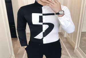 High Quality Korean Shirt Men Slim Fit Long Sleeve Casual Male Shirts Personality Patchwork Color Night Club Prom Tuxedo Blouses M8713243