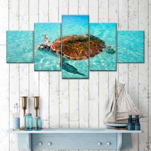 5 Piece Green Sea Turtle Swims Underwater Wall Pictures Canvas Painting Ocean Marine Life Animal Posters for Living Room Decor