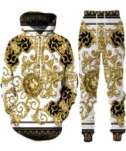 Golden Lion Mönster Men039S Tracksuit Fashion Hooded Sports slitage Outfits Barock Style Hoodie Pants Passar Male Thin Two Pieces S7998056