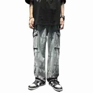 y2k Punk Denim Pants Men Harajuku Flame Cross Print Color Block Fi Casual Baggy Jeans Male Straight Trousers Multi-Pockets 36ac#