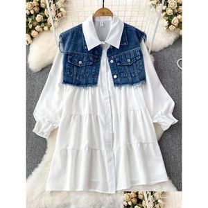 Arbetsklänningar Kvinnor Autumn Dress Set Hong Kong Style Retro Långärmad lös enkelbröst A-Line-skjorta Tvådelar denim Vest D5491 Otsi77