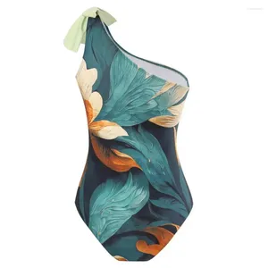 Women's Swimwear Elegant Coverage Swimsuit Women With Cover-up Floral Print Monokini Skirt One Shoulder Lace-up Design For Lady