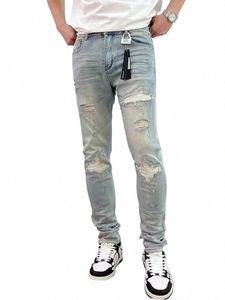 fi Men's Ripped Jeans Casual Stretch Denim Pants High Street Slim Fit Light Blue Hip Hop Jeans Streetwear Man's Trousers A2GJ#