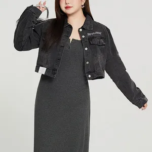 Outerwear ombro direito curto vintage preto denim jaqueta plus size feminino 2024 primavera boa qualidade francês jean casaco