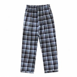 men's Pajamas Pants Casual Plaid Pajama Sleepwear Nightwear Cott Pants Loose High Waist Straight Lg Trousers Loungewear e7NF#