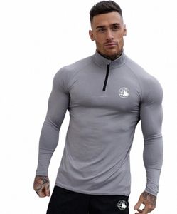 men Bodybuilding Sport Zipper Neck T-shirt Quick Dry Running Shirt Lg Sleeve Compri Gym T Shirt Male Fitn Tight Tops Q6dV#