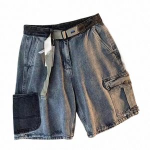 American Vintage Trendy Workwear Shorts Mężczyźni Kobiety Letni patchwork jeansowy Capris American High Street Prosty tuba krótkie spodnie x2yd#