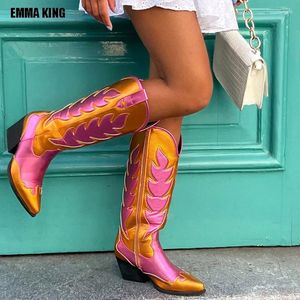 Boots Cowboy Women Western 2024 Autumn Winter Cool Fashion Patchwork Cowgirl Mid-calf Shoes