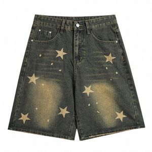 szerokie nogi vintage dżinsowe szorty gwiazdy nadrukowane streetwear harajuku hip hop dżinsy szorty mężczyźni Summer retro swobodne luźne szorty Y2K G3H3#