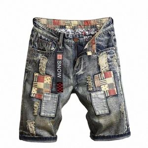 brand Men's Retro Style Ripped Denim Shorts 2024 Summer New Fi Casual Hole Patch Jean Shorts Male Brand Clothes 13tT#