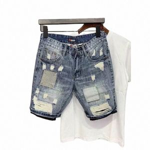 Männer Sommer Persalized Print Scratched Denim Shorts Slim Fit Koreanische Fi Capris Männer Loch Jeans Shorts O1NZ #