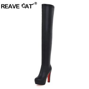 Boots Reave Cat Woman Shoes Sexy Platform Boots Over the Knee 13cm Block Heels Black Booties High Party Club Big Size 45 46 47 48