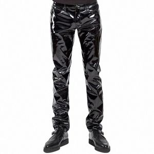 Vendite calde Motocicletta Uomo Sexy Nero Effetto bagnato PVC Stage Wear Pantaloni a matita in ecopelle Skinny Leggings in lattice Pole Dance Clubwear Z8AT #