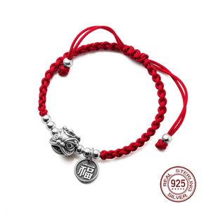 La Monada 23cm 925 Silver Rope Armband Women Lucky Animal Retro Fu Chinese Red Thread Line String Armband för Women Girl 240313