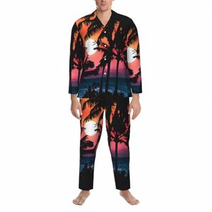 Summer Sunset Pijamas Outono Tropical Palmeiras Casual Solto Oversized Pijamas Set Man Lg Mangas Fi Night Nightwear D9UP #