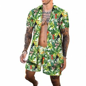 Strand tryckt Hawaii Set Men's 2st Shirt 3D Print Loose Leisure Short Sleeve Beach Shorts Short Shirt Holiday Fi Tvåverk Set U6C2#