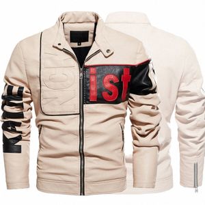 2023 Neue Herren Motorrad Lederjacke Fleece Warm Kunstleder Mantel Street Fi Beige Lokomotive Rennjacken M9V5 #