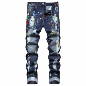 мужские раскрашенные эластичные джинсовые джинсы уличная одежда с рваными синими брюками узкие зауженные брюки s9rd #