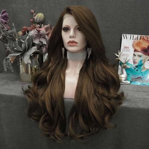 IMSTYLE Synthetic Lace Front Brown Long Wavy Natural Hairline Heat Resistant Wig for Women Drag Queen 26 Inch