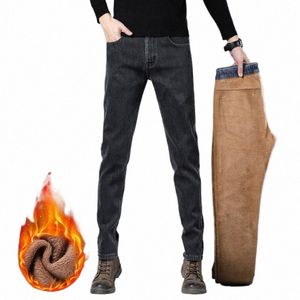 men's Thermal Jeans Winter Snow Warm Plush Cool Jeans Thicken Fleece Denim Stretch Lg Pants Dad Casual N Leg Trousers 65aB#