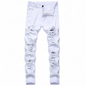 Proste dziury Destructi Spodnie Disted Dżinsy Mężczyźni dżinsowe spodnie Fi marka Białe spodnie Mężczyzna Duży rozmiar J851#