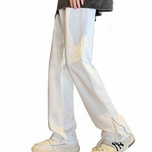 american Style Zipper Split Denim Jeans Pants Fi Handsome Loose Straight High Street Casual Wide Leg Trousers Male Clothes c1Zt#