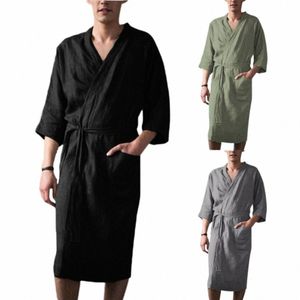 men Nightgown Men Bath Robe Soft Lace Up Cardigan Sleepwear Three Quarter Sleeves Pockets Loose Men Bathrobe Nightgown z3Dp#