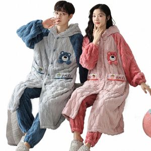 fiフード付きメンズウィンターフランネルパジャマセット厚い暖かい冬のカップル風の睡眠soft pajama for slee h2d4＃