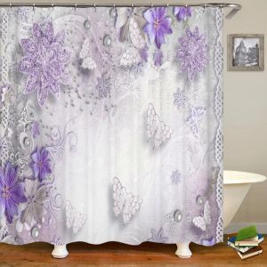 Dikiş 3d mor çiçek duş perdesi Avrupa vintage stil su geçirmez polyester çiçek banyo duş perdeleri ev dekor ekran
