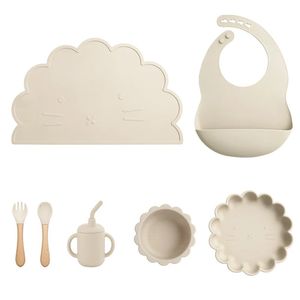 7 pz/set Del Bambino Del Silicone Per La Tavola Per Bambini Bavaglino Impermeabile Food Grade Piatti Per Bambini Piatto di Aspirazione Ciotola nato Sippy Tazza E Cucchiaio 240322