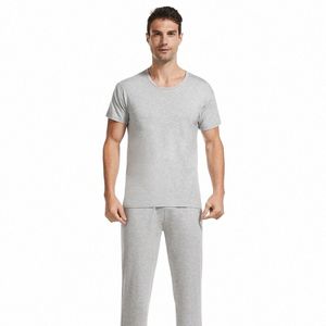 Yaz İnce Pijama Erkekler İçin Setler Rahat Yumuşak Mens Pijama Takım 2 Parça Giyim Yuvarlak Boyun Uyku Üstleri Lounge Pants Homewear 04ZS#