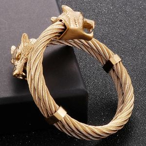 Viking Wolf Head Cable Cable Open Cuff Bangle Bracelet for Men Stains Stains Stains Mens Bracelets Punk Rock Jewellery Assories 240311