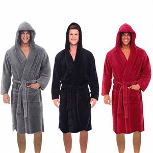 Pijamas de pelúcia masculinos com capuz Robe alongado xale flanela roupão de banho roupas de casa Lg mangas compridas Robe macio e quente Kimo Robe t5rG #