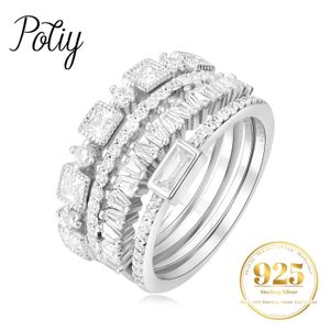 Band Rings Potiy 4-Piece 925 Sterling Silver Wedding Band med evigt staplade papperskort Kvinna 1CT AAAA CZ utsökta smycken J240326