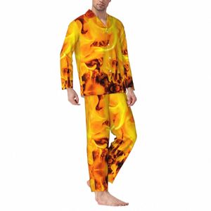 Fire And Flames Pijamas Outono Impressão Abstrata Casual Oversized Pijama Set Mens Lg Sleeve Kawaii Daily Design Home Suit 16os #