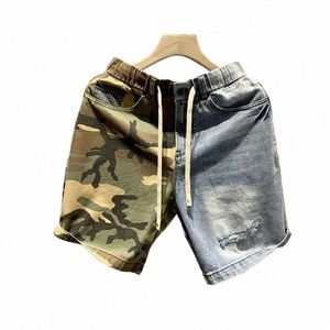 men Clothing Japanese Fi Camoue Patchwork Denim Shorts Mens Summer Persality Hole Casual Pants Streetwear Short Homme B58d#