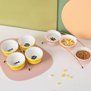 Feeding Cat 3 4 Bowls with Iron Stand Small Dogs Elevated Multiple Feeders Pet Ceramic Food Water Feeding Accessories