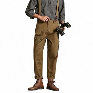 american Retro Cargo Strap Pants Unisex Khaki Straight Vintage Jumpsuit British Elegant Cityboy Suspenders Solid Pocket Overalls 705W#