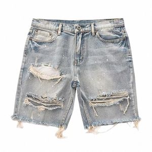 Bequeme Sommer -Sommer -Denim -Shorts gerade fit gerissene Löcher knielange Jeans mit Multi -Taschen K09X#