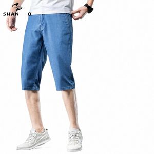 Shan BAO verão marca masculina reta lyocell calças cortadas finas simples e leve cott estiramento jeans de alta qualidade com zíper m6LL #