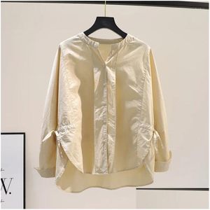 Womens Blouses Shirts White Vintage Blouse For Women 2023 Faldas Mujer Loose Summer Oversized Tops Folds Bandage Long Sleeve Fashion D Otvml