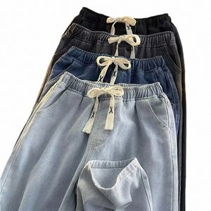 Y2k Elastic Waist Denim Pants Men Spring Fall Wide Leg Mop Fi Casual Trend Loose Straight Tube Dark Blue Lg Pant 08an#