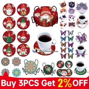 Stitch 6/8PCS Diamond Painting Coasters Flower Bird Christmas Gnome Snowman DIY Coaster Diamond Art Kits for Adults Kids Beginner Gifts