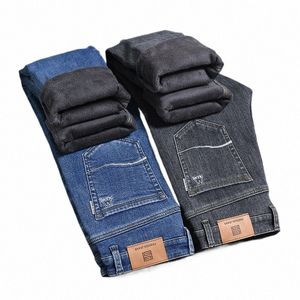 2024 inverno maschio di alta qualità Cott stretch slim denim dritto jeans uomo busin pantaloni casual caldo pile spessi jeans regolari L2IA #