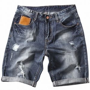 2023 Summer New Men's Denim Shorts Fi Slim Fit Elastic Cott Blue W Ripped Jeans Mane Brand Clothes 42 Z4WQ#