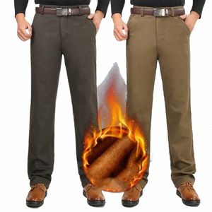 Icpans Pantaloni invernali da uomo in pile stretch caldo spesso dritto Basic Classic Cott Pantaloni casual kaki neri da uomo Plus Size 40 42 W11A #