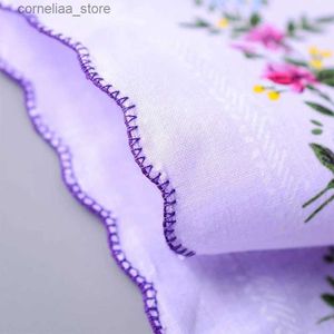 Handkerchiefs Bandanas Durag 3 pieces of womens cotton linen printed flower handles wave edged Hanks pocket square for graduate 57BD Y240326